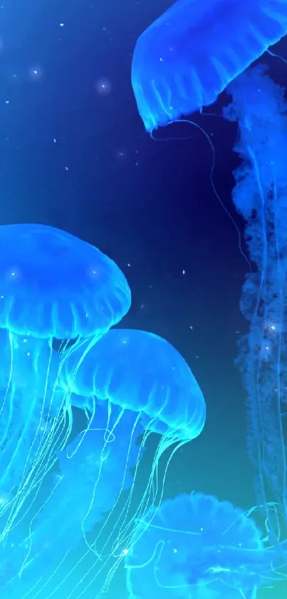 Blue glowing jellyfish floating in an oceanic background.