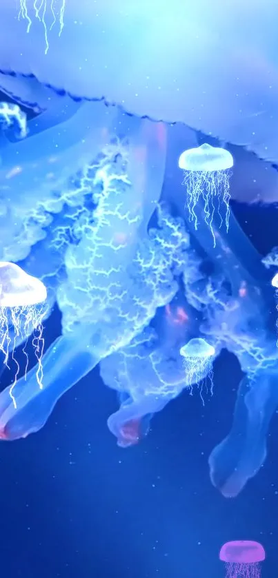 Glowing blue jellyfish floating in an underwater scene.