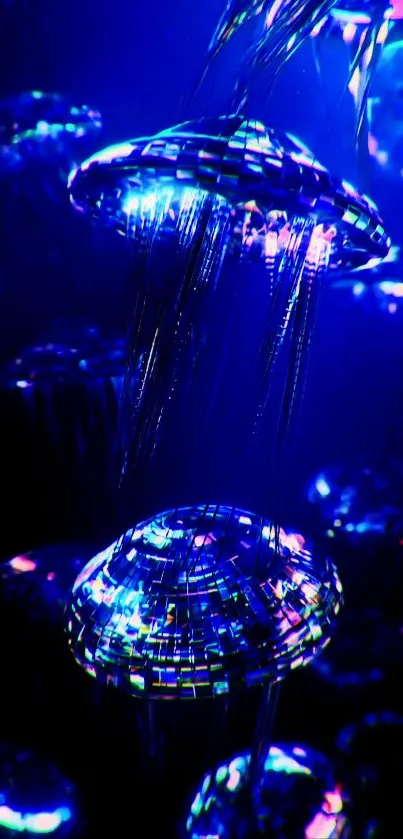 Vibrant mobile wallpaper featuring glowing jellyfish in a deep blue ocean scene.