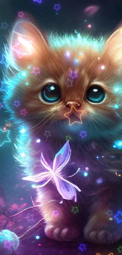 Glowing kitten surrounded by butterflies in a fantasy setting.