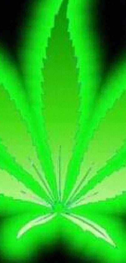 Bright glowing green leaf on a dark background, creating a vivid mobile wallpaper.