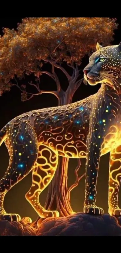 Fantasy wallpaper of glowing leopard with illuminated patterns and a mystical tree.