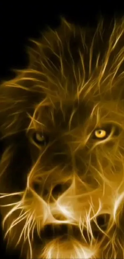 Golden digital art of a glowing lion face on black background.