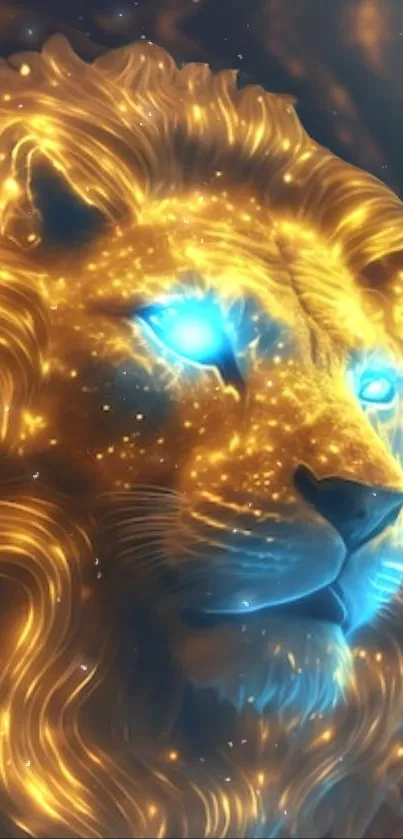 Stunning glowing lion face with vibrant blue eyes in a fantasy art design.