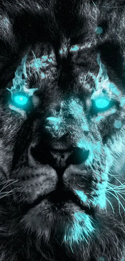 Digital lion with glowing blue eyes and mane art.