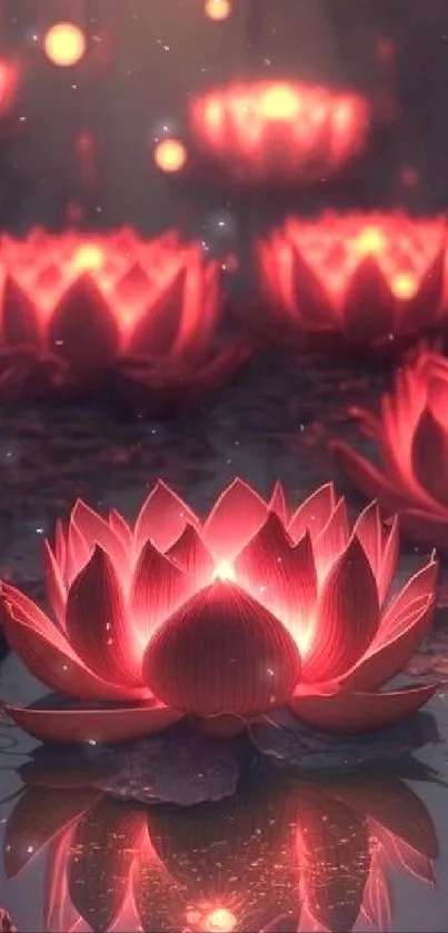 Glowing lotus flowers on water, creating a serene and artistic atmosphere.