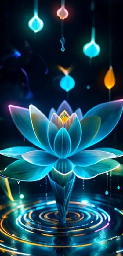 Glowing lotus flower with neon lights background