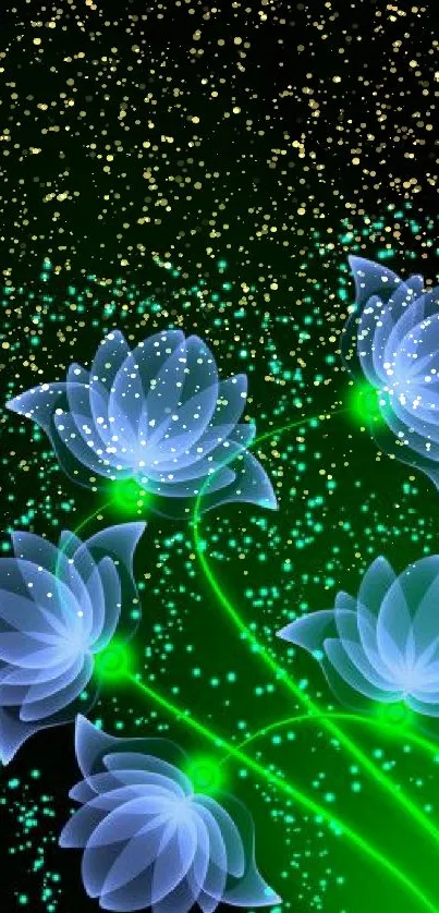 Glowing lotus flowers on a black background with green accents.