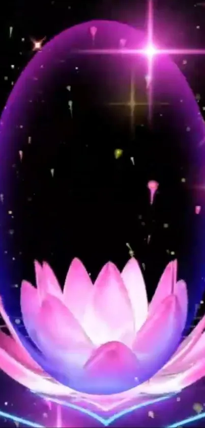 Neon lotus flower with cosmic sparkles in a purple glow