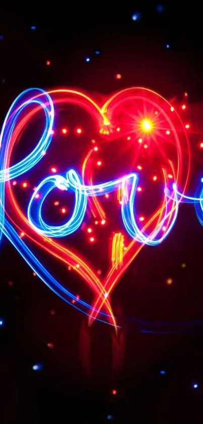 Glowing neon heart with love text in vibrant colors on black background.