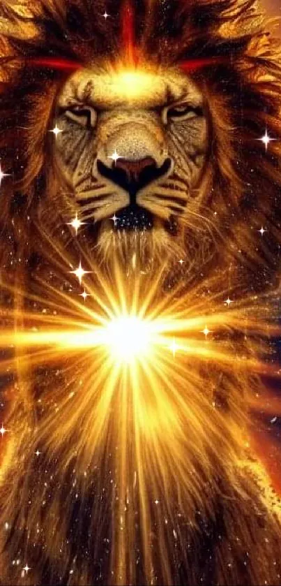 Majestic lion with glowing light effect in digital art wallpaper.