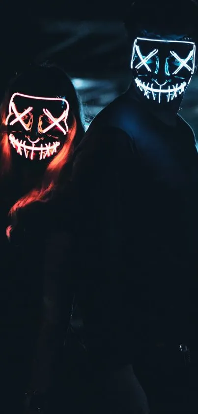 Two figures wearing neon masks in a dark urban setting.