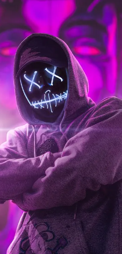 Mysterious figure with glowing mask in neon colors for phone wallpaper.