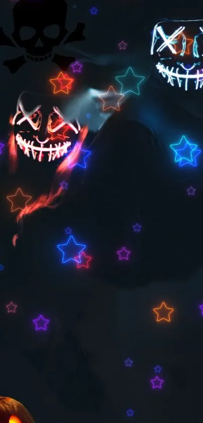 Mobile wallpaper featuring glowing masks and colorful neon stars in a dark theme.