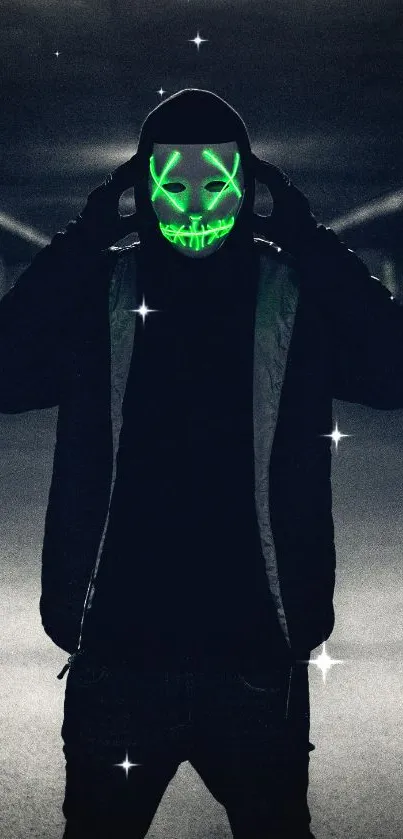 Person wearing a neon green mask in a dimly lit urban setting.