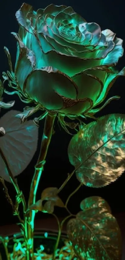 Glowing teal metallic rose with leaves on a dark background.