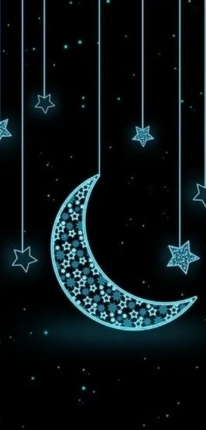 Glowing crescent moon and stars wallpaper.