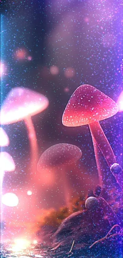 Fantasy glowing mushrooms with purple and pink hues, creating a mystical mobile wallpaper.