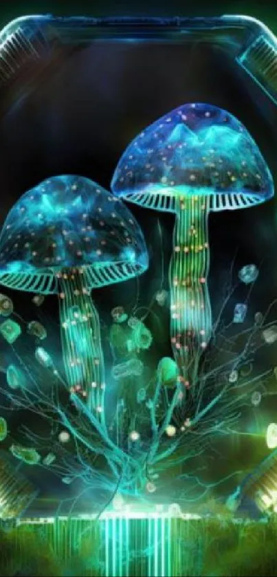 Glowing digital mushrooms in a surreal, vibrant fantasy setting.