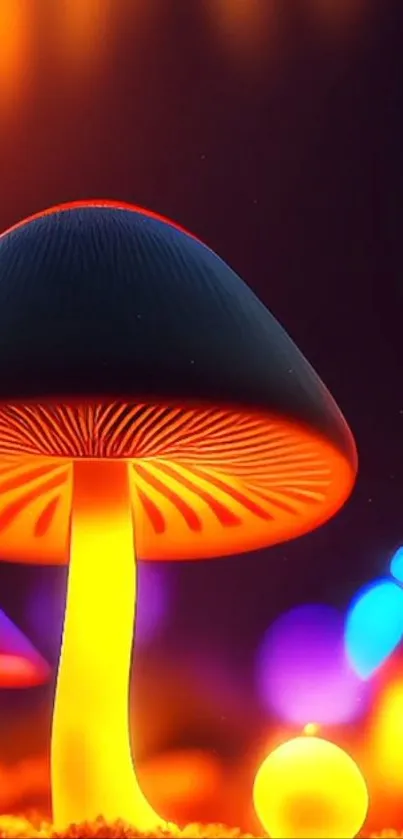 A glowing mushroom in vivid neon orange hues against a dark fantasy background.