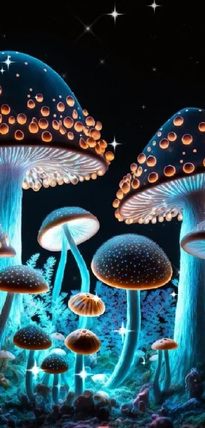 Glowing blue and orange mushrooms creating a magical forest ambience.