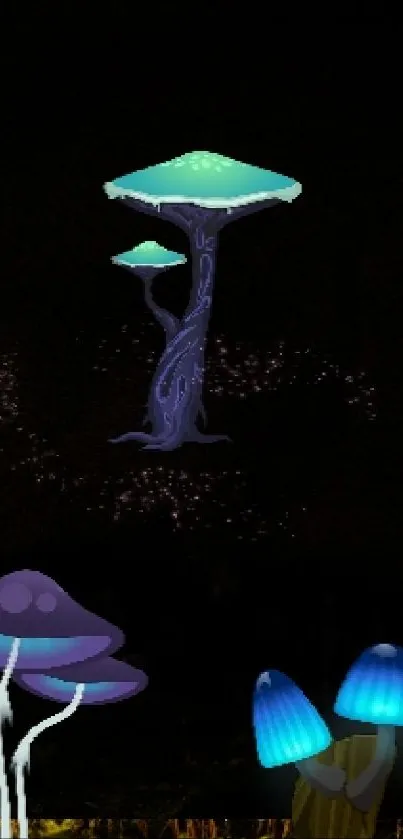 Fantasy wallpaper with glowing mushrooms and dark forest.