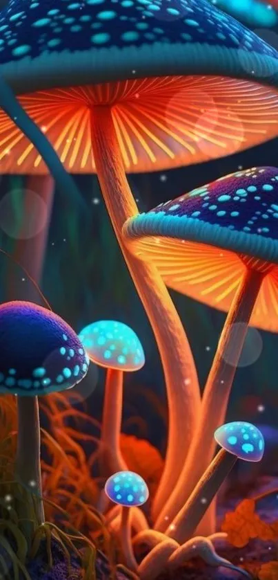 Glowing mushrooms in a neon-lit fantasy forest scene.