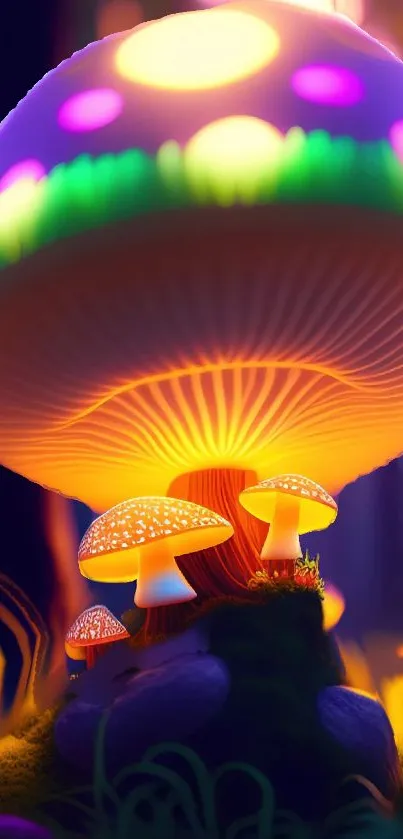 Vibrant fantasy wallpaper with glowing mushrooms in a magical forest.