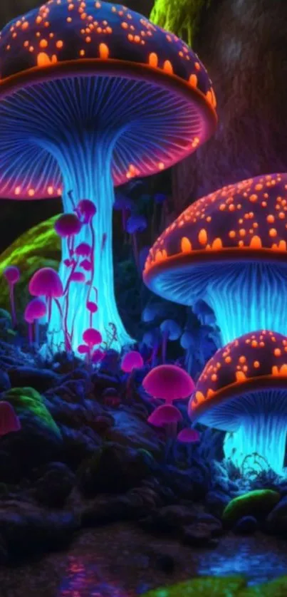 Vibrant neon glowing mushrooms in a fantasy forest scene, perfect for mobile wallpaper.