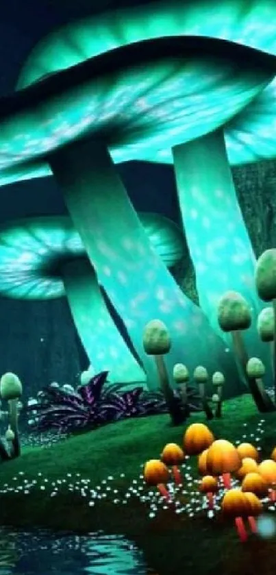 Glowing mushrooms in a fantasy forest with neon blue hues.