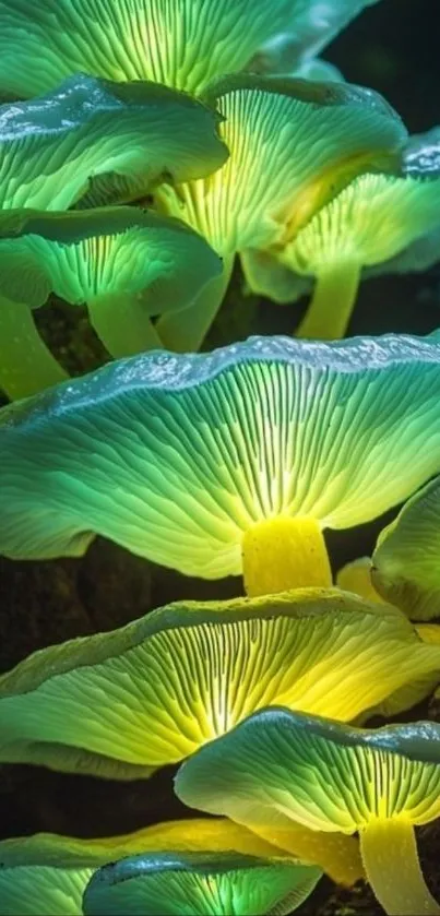 Glowing green mushrooms in a dark forest setting.