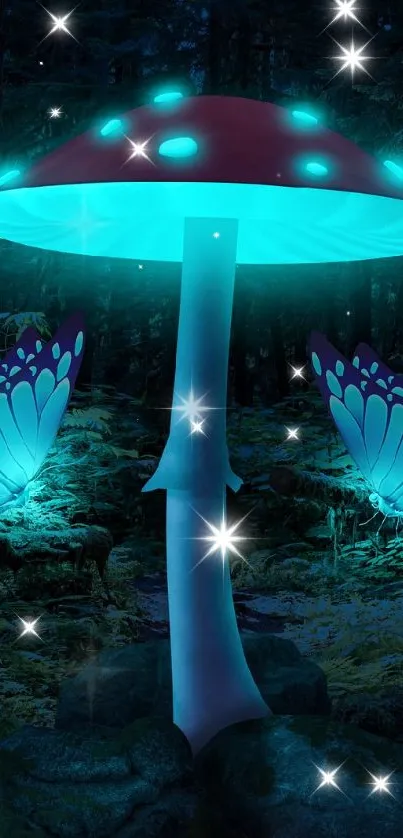 Glowing mushroom and butterflies in a dark forest.