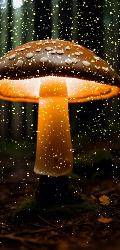 Illuminated mushroom in dark enchanted forest.