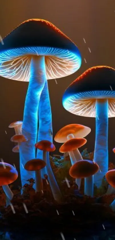 Vibrant digital art of glowing mushrooms with neon blue and orange hues.