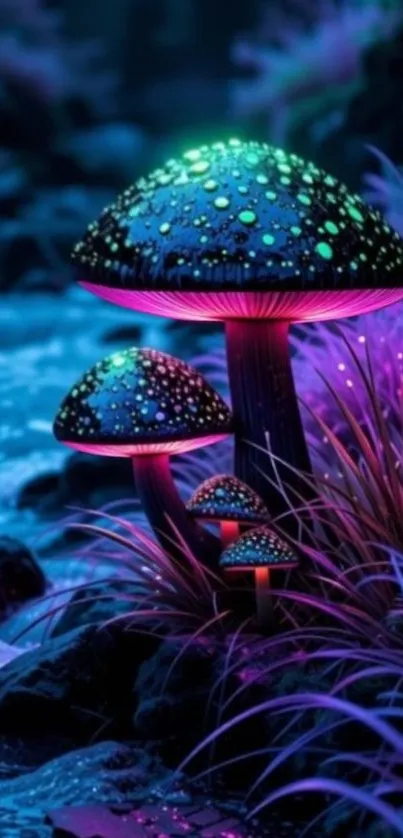 Glowing mushrooms in a mystical forest at night.