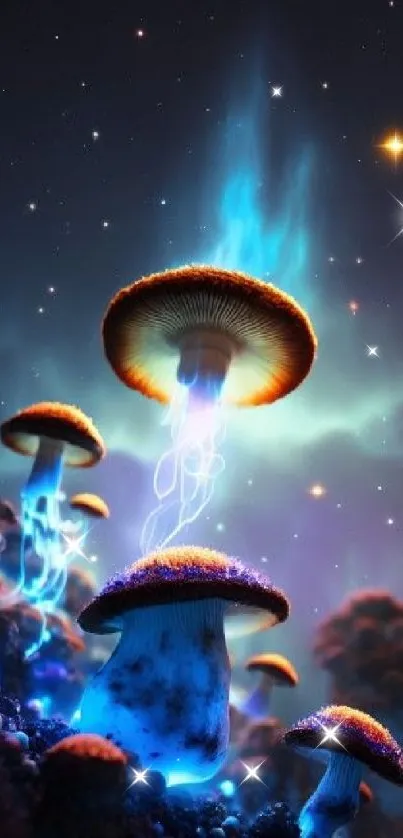 Glowing mushrooms in a fantasy night scene with ethereal lights and stars.