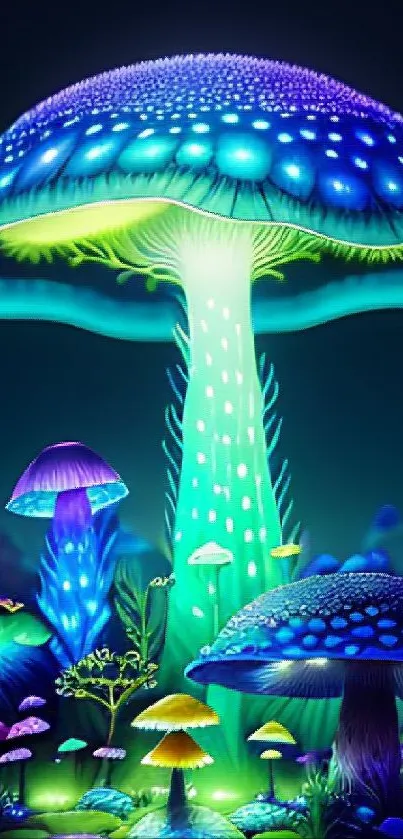 Luminous blue and green mushrooms create a vibrant fantasy landscape.