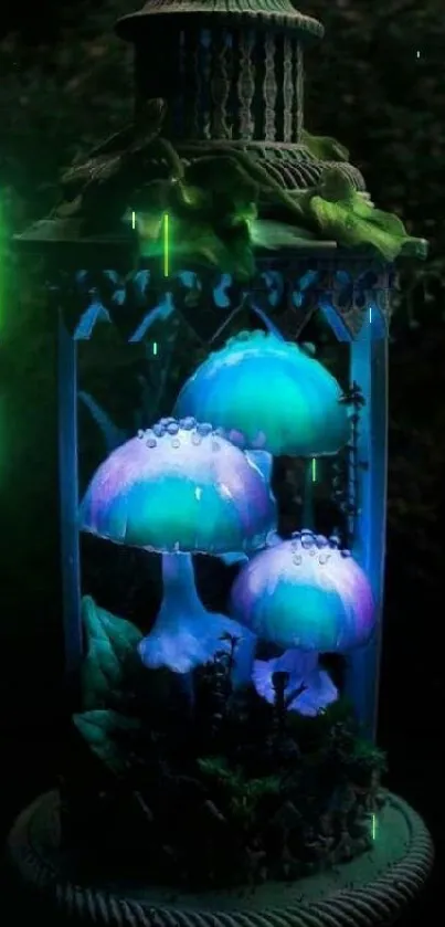 Magical glowing mushrooms inside a rustic lantern, creating a mystical ambiance.