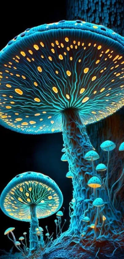 Mobile wallpaper featuring glowing mushrooms with a cyan and yellow hue against a dark background.