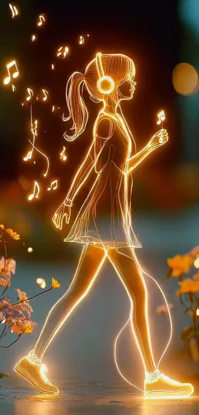 Neon girl walking with headphones in glowing art.