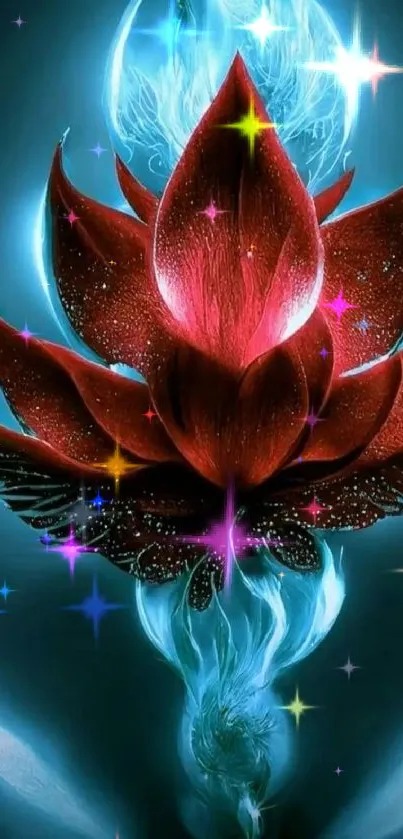 A glowing mystical red lotus on a blue background.