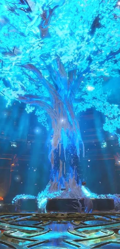 Glowing blue mystical tree in fantasy wallpaper.