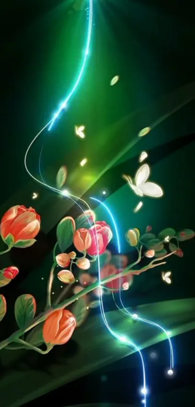 Glowing nature wallpaper with neon lights, flowers, and butterflies.