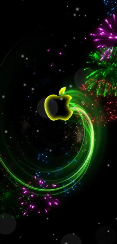 Glowing neon Apple logo with swirling green effect on black background.