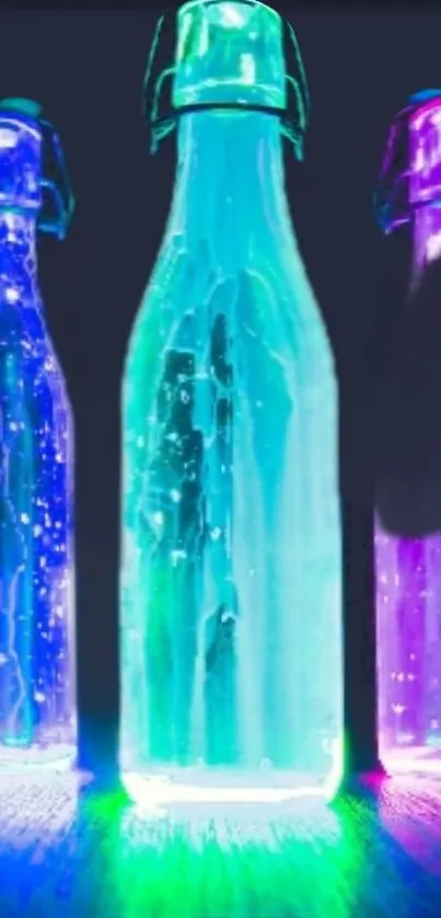 Glowing bottles in neon cyan, blue, purple hues on a dark background.