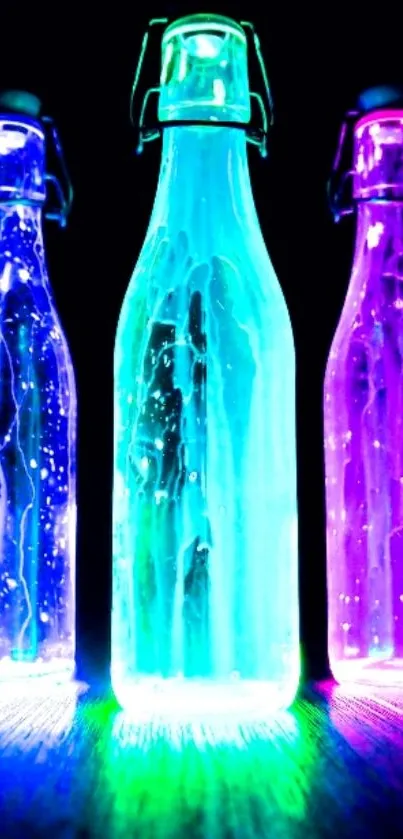 Three neon bottles glowing in teal, blue, and purple hues on a dark background.