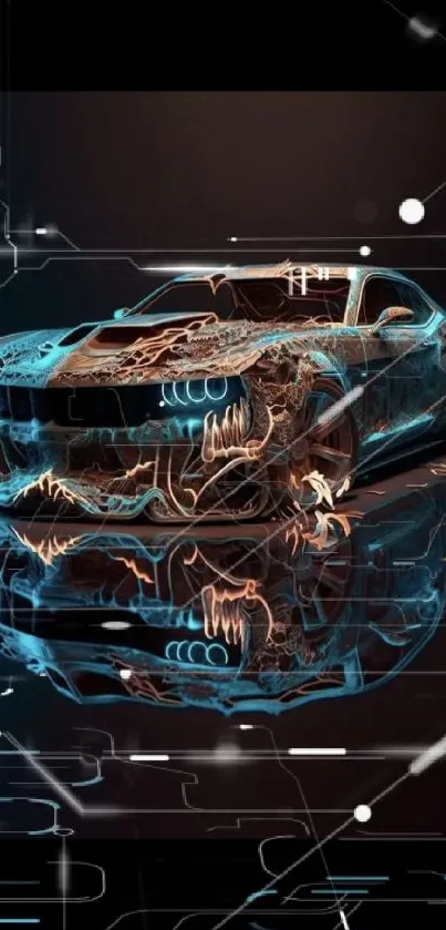 Neon-lit car with glowing designs and reflections in a futuristic style.