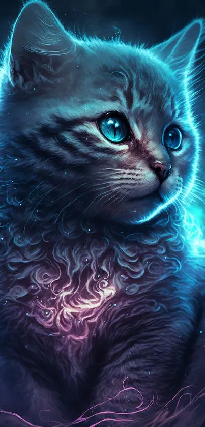A glowing neon cat with bright blue fur and intricate details against a dark background.