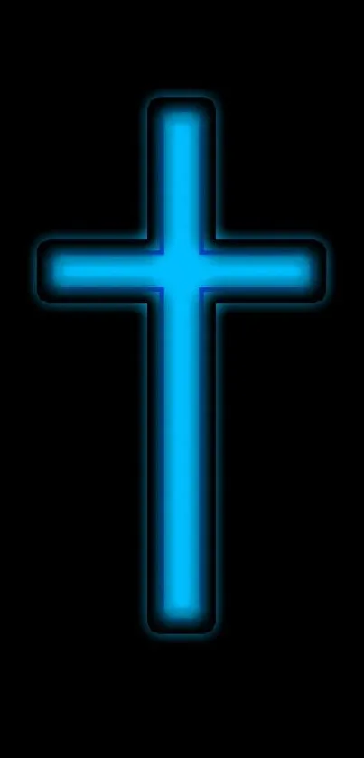 A vibrant neon blue cross glowing on a black background, ideal for mobile wallpaper.