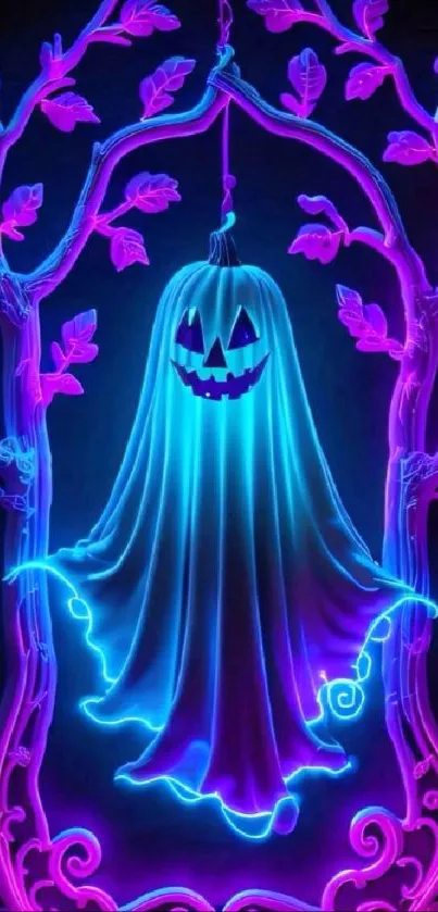 Neon blue pumpkin ghost hangs in a purple frame.